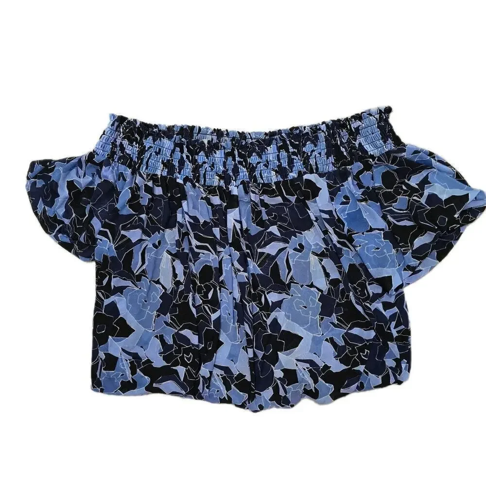 Free People Blue Black Floral Off-Shoulder Blouse - Picture 4 of 7